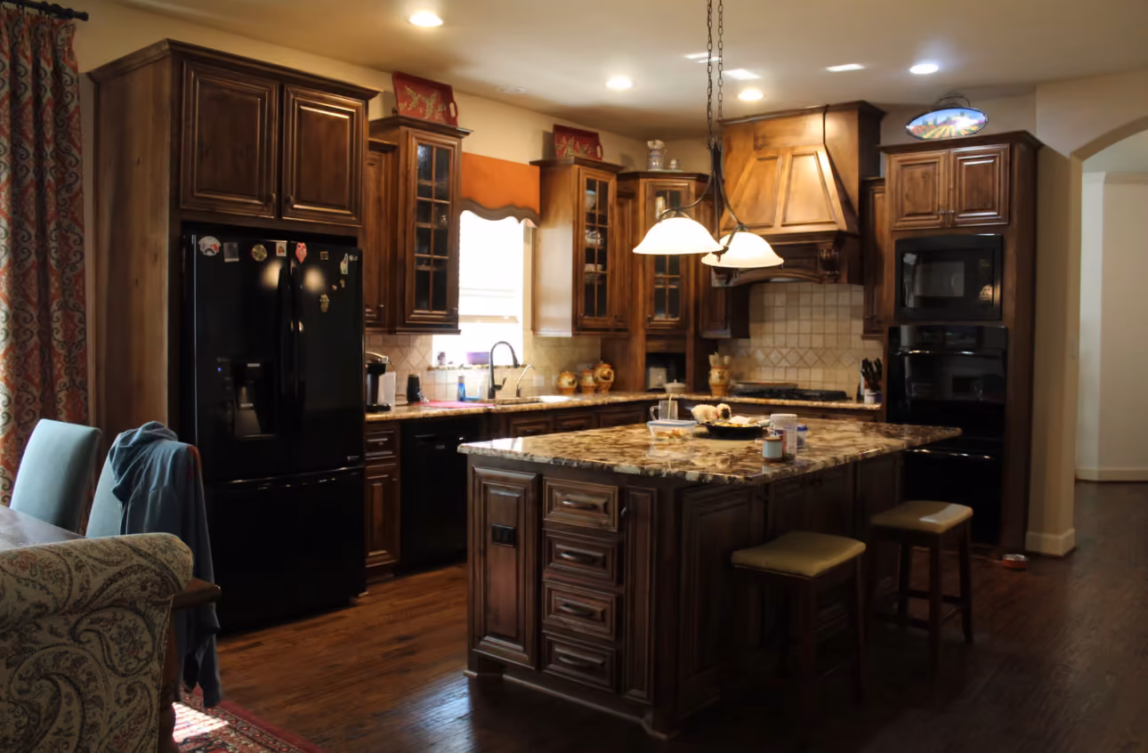 Kitchen cabinet refinishing with a custom stain and durable clear coat finish