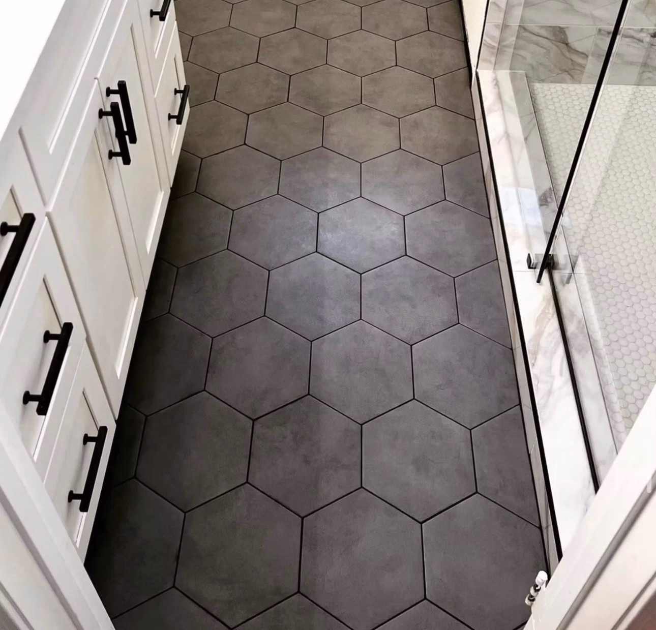 Custom hexagon floor tile installation for a clean, contemporary look