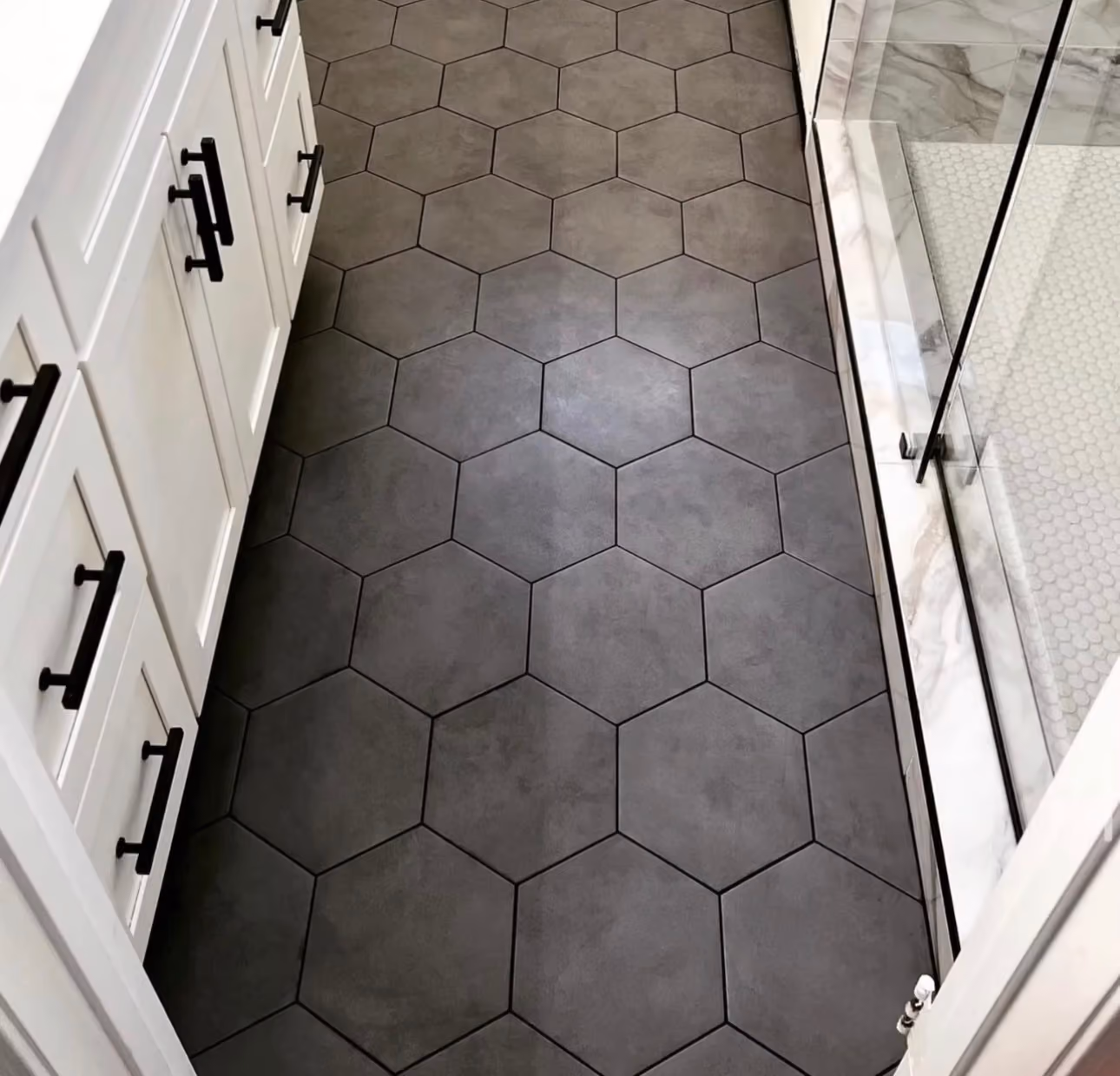 Custom hexagon floor tile installation for a clean, contemporary look